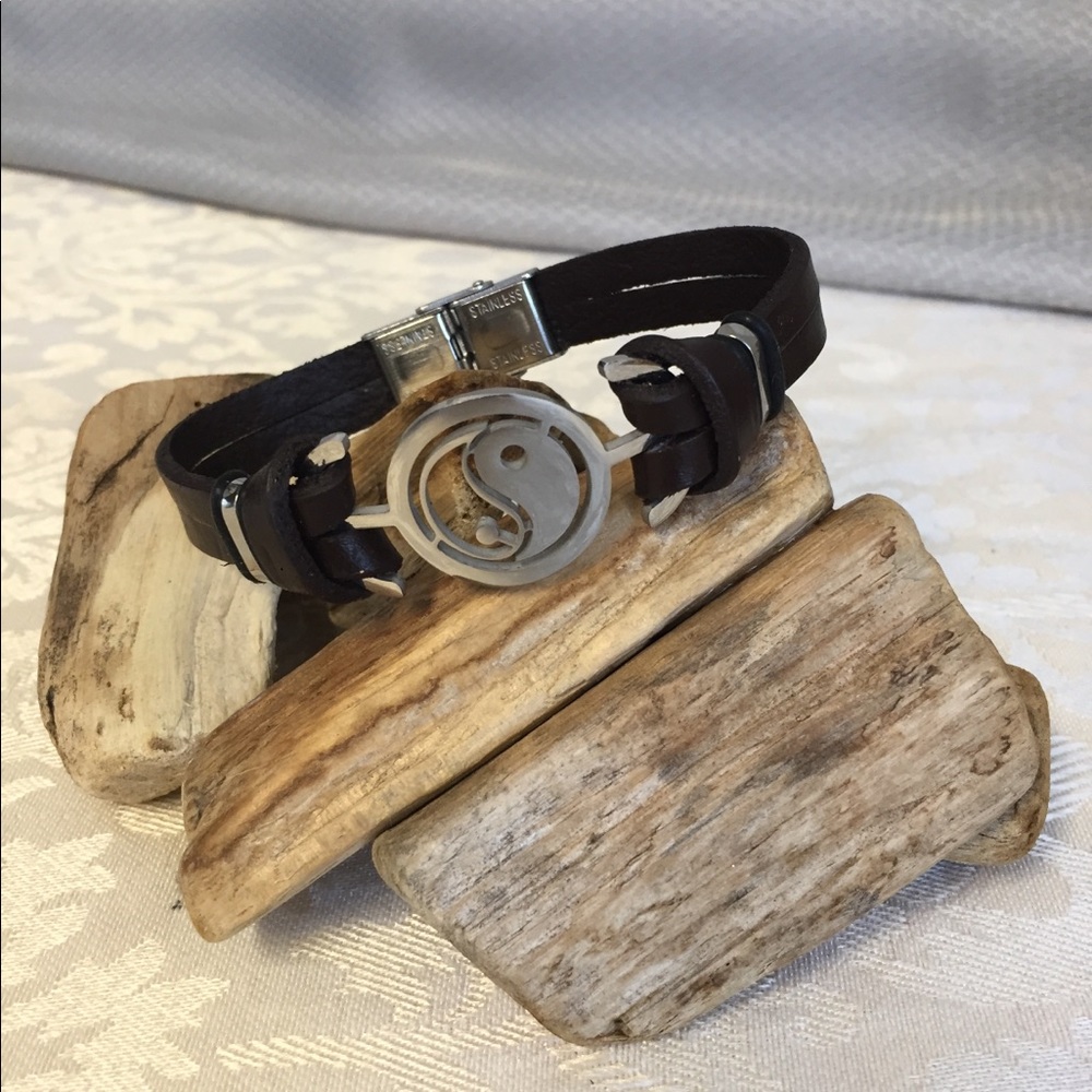 Ying & Yang Stainless Steel and Leather Bracelet